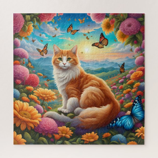 Quebra-cabeça Gato Fluffy Sentado num Campo de Flores (Vertical)