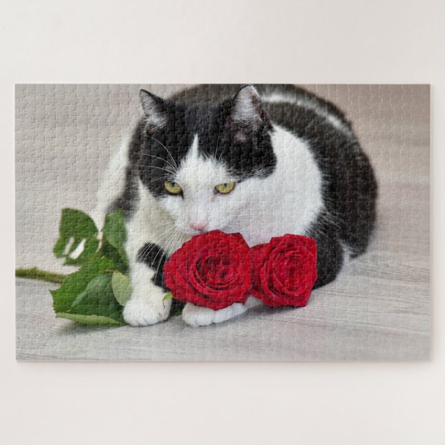 Quebra-cabeça Gato fofo com a rosa vermelha (Horizontal)