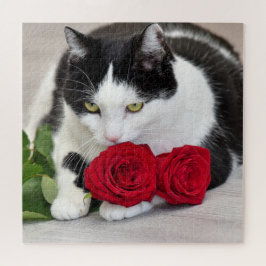 Quebra-cabeça Gato fofo com a rosa vermelha