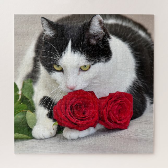 Quebra-cabeça Gato fofo com a rosa vermelha (Horizontal)