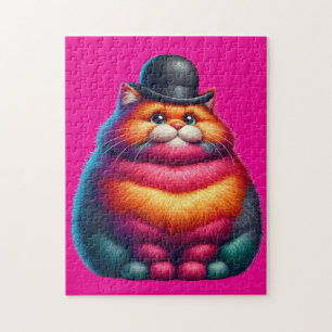 Quebra-cabeça Gato Fofo Gordinho Colorido com Chapéu Bowler