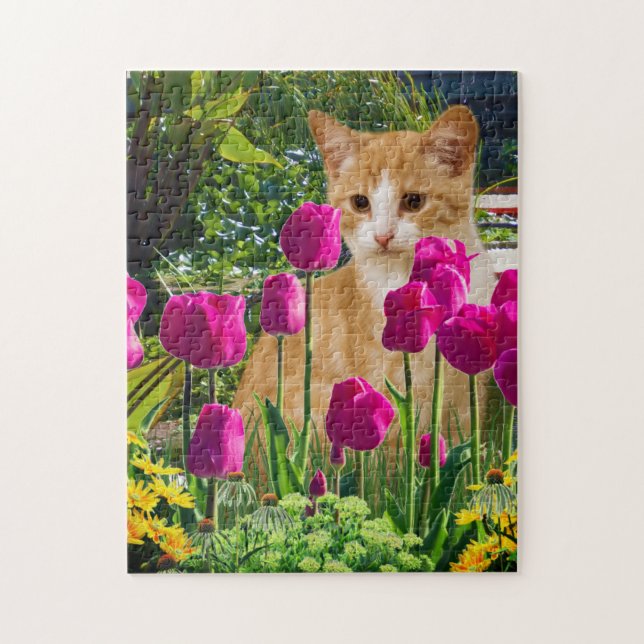 Quebra-cabeça Gato Ginger no Jardim de Tulipas (Vertical)