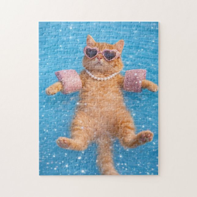 Quebra-cabeça Gato Glamouroso à Beira da Piscina Flutuando com E (Vertical)