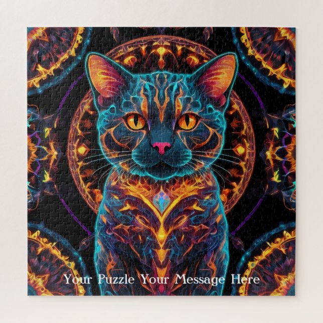 Quebra-cabeça Gato Guardião Cósmico - Neon Galaxy Mandala (Vertical)