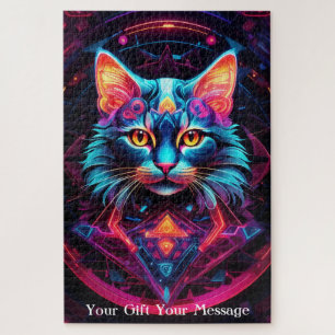 Quebra-cabeça Gato Guardião Cósmico - Neon Galaxy Mandala