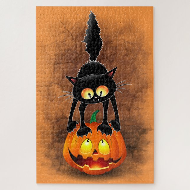 Quebra-cabeça Gato Halloween Caricatura Assustada na Pumpkin (Vertical)