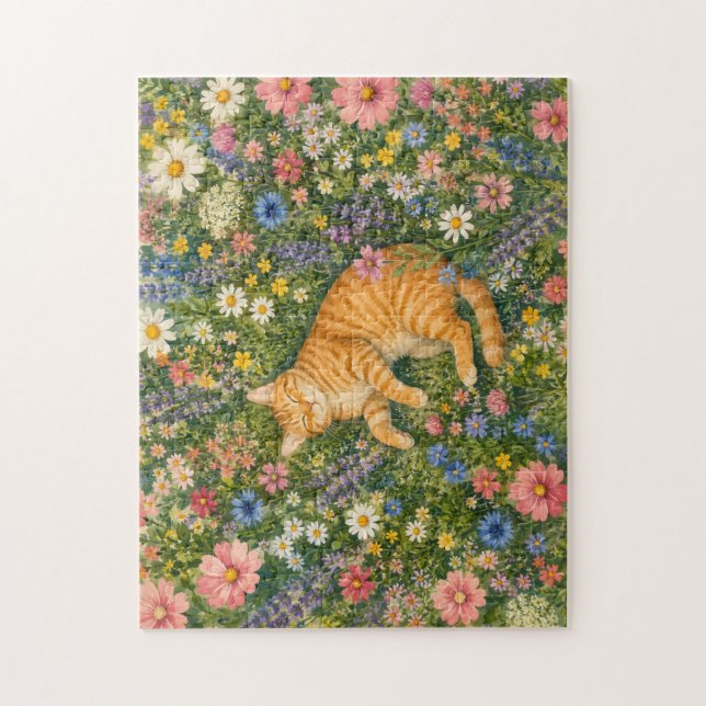 Quebra-cabeça Gato Laranja Adormecido em Flores Silvestres Puzzl (Vertical)