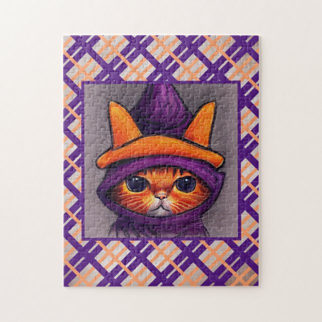 Quebra-cabeça Gato Laranja com Desenho de Chapéu de Bruxa Roxo (Vertical)