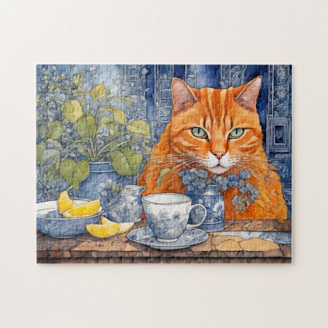 Quebra-cabeça Gato Laranja em Aquarela com Chá de Limão (Horizontal)