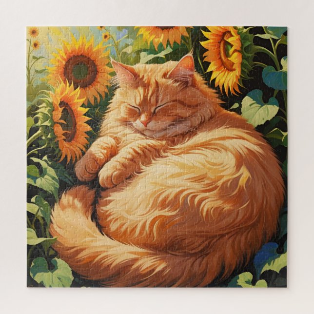 Quebra-cabeça Gato Laranja Gordo Sonolento com Girassóis (Vertical)