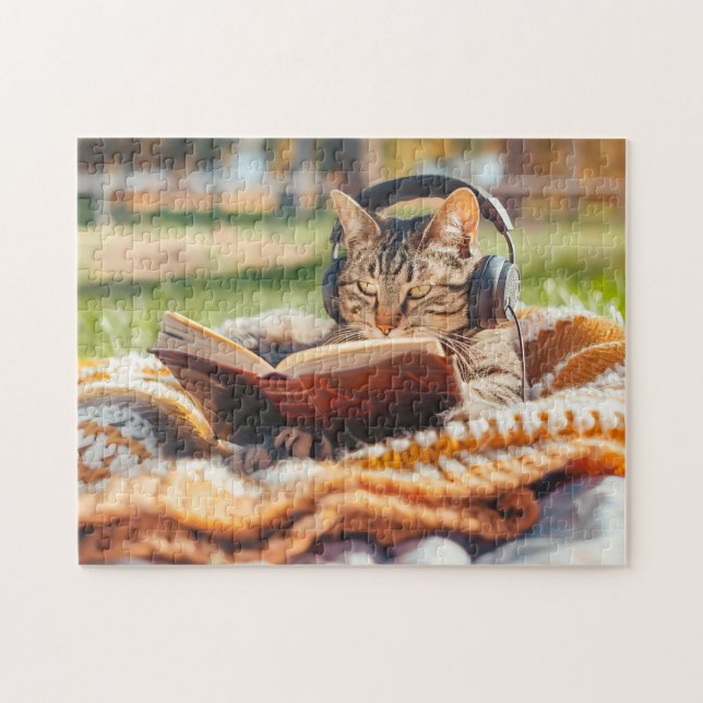 Quebra-cabeça Gato lendo livro em cobertor de tricô (Horizontal)