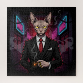 Quebra-cabeça Gato Mafioso Sphynx em Estilo Neon Noir