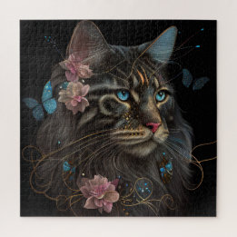 Quebra-cabeça Gato Maine Coon com borboleta e flores Arte AI