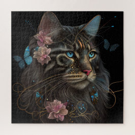 Quebra-cabeça Gato Maine Coon com borboleta e flores Arte AI