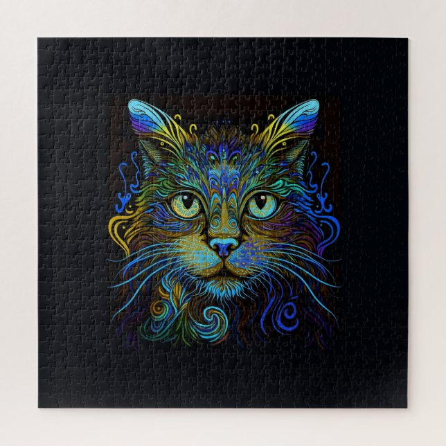 Quebra-cabeça Gato Maine Coon Psicodélico em Azul (Vertical)