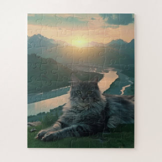 Quebra-cabeça Gato Majestoso ao Pôr do Sol no Vale da Montanha