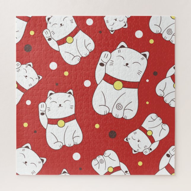 Quebra-cabeça Gato Maneki-Neko, padrão de rabiscos japoneses. (Vertical)
