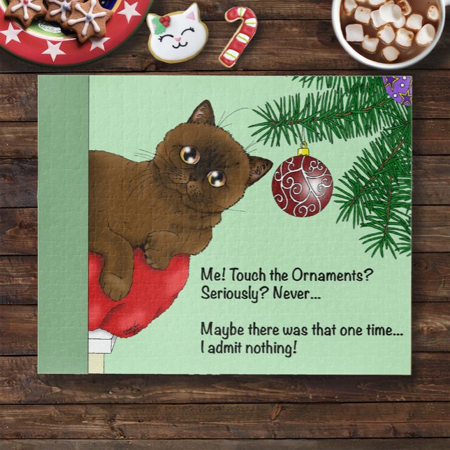 Quebra-cabeça Gato Marrom de Natal Verde Divertido Humor Fofo (Criador carregado)