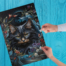 Quebra-cabeça Gato negro atrás de espiral de flores e folhas