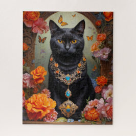 Quebra-cabeça Gato Negro com Bela Joia e Flores