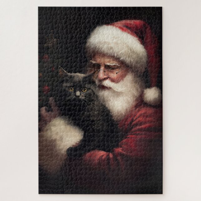 Quebra-cabeça Gato Negro com Papai Noel Natal Festivo (Vertical)