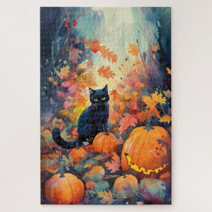 Quebra-cabeça Gato Negro Halloween Com Abóboras Assustados