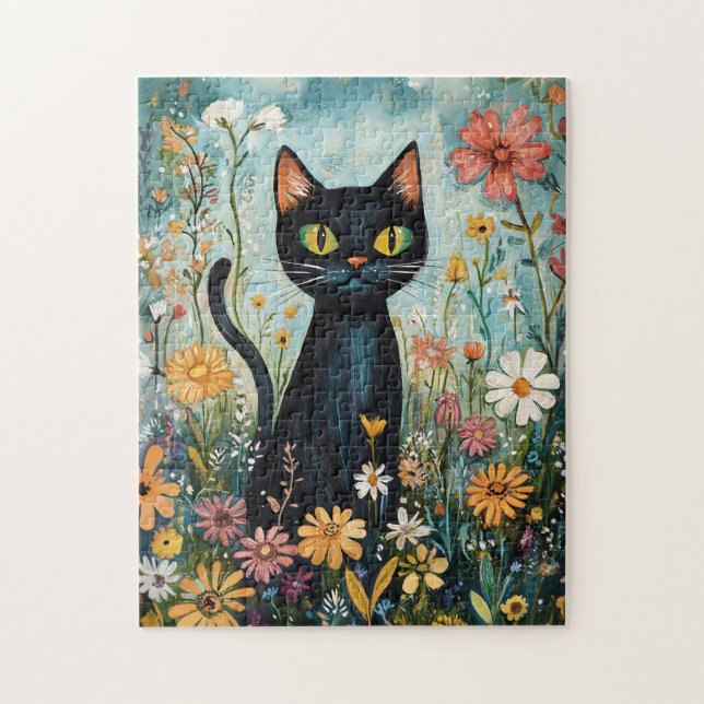 Quebra-cabeça Gato Negro Whimsical com Ilustração de Flores Selv (Vertical)