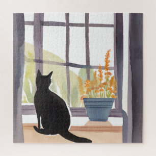 Quebra-cabeça Gato no Parapeito da Janela Silhueta Aquarela