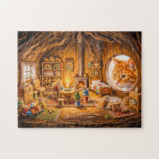 Quebra-cabeça Gato Olhando para a Aconchegante Casa do Rato (Horizontal)