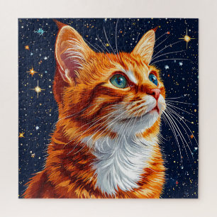 Quebra-cabeça Gato Olhando para um Céu Cósmico Estrelado