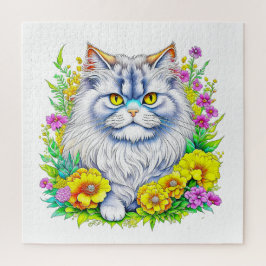 Quebra-cabeça Gato Persa em Flores Amarelas e Rosa