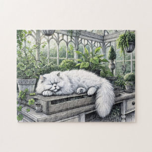 Quebra-cabeça Gato Pérsico Branco Descansado numa Estufa Sol