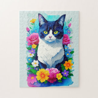 Quebra-cabeça Gato Pintado por Aquarela Floral Colorida