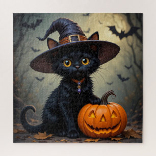 Quebra-cabeça Gato Preto Adorável Vestindo Chapéu de Bruxa