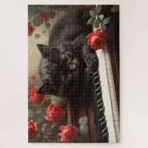 Gato preto bonito deitado no piano