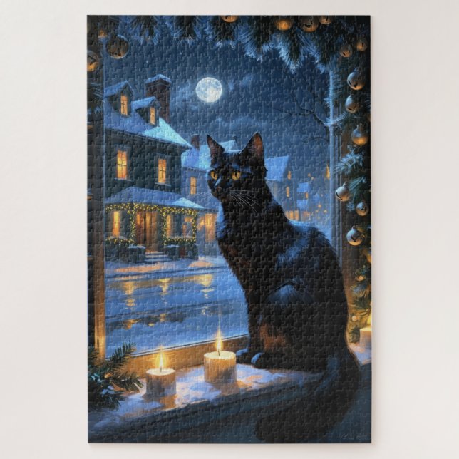 Quebra-cabeça Gato Preto Com Luzes de Natal Feriado (Vertical)
