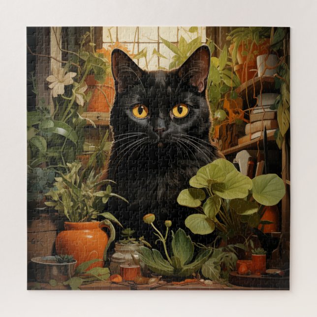 Quebra-cabeça Gato Preto Com Plantas De Casca (Vertical)