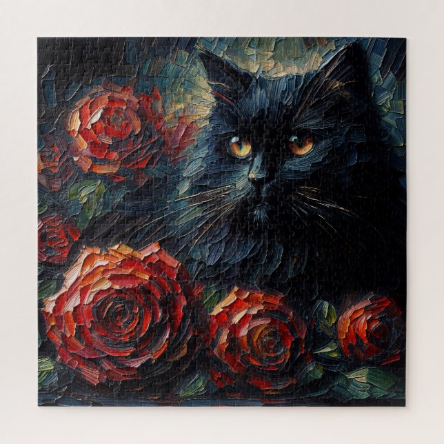 Quebra-cabeça Gato Preto com Rosas Vermelhas Puzzle Gótico (Vertical)