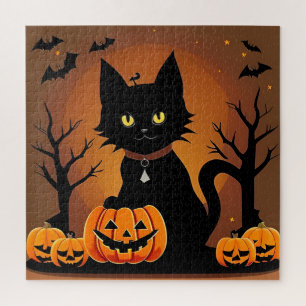 Quebra-cabeça Gato Preto de Halloween Cercado por Jack-o'-Lanter