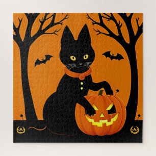 Quebra-cabeça Gato Preto de Halloween Cercado por Jack-o'-Lanter