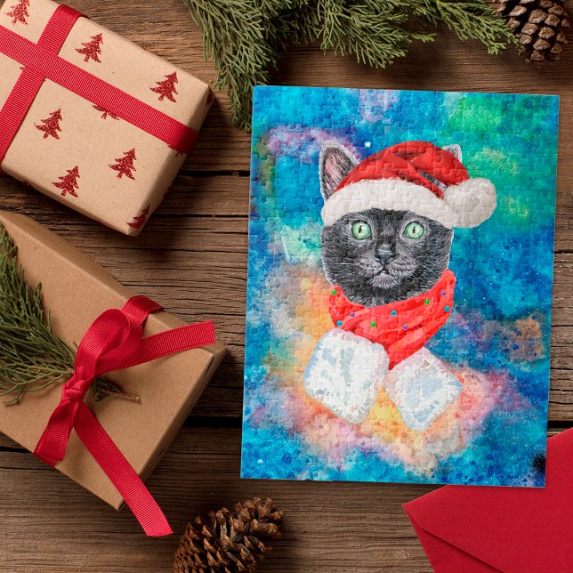 Quebra-cabeça Gato Preto de Natal com Cachecol Vermelho Feriado (Criador carregado)