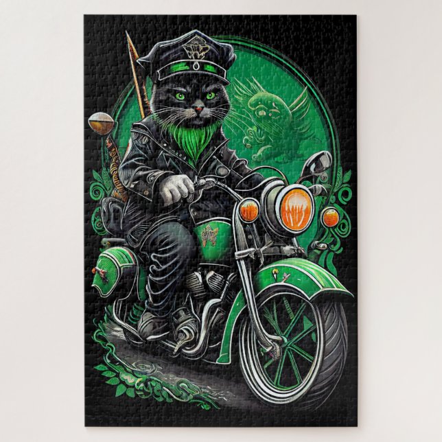 Quebra-cabeça Gato Preto dirigindo bicicleta no Dia de São Patrí (Vertical)