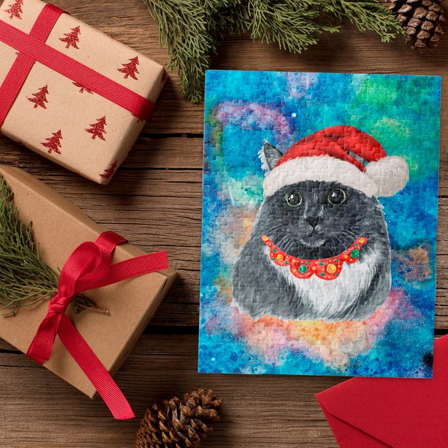 Quebra-cabeça Gato Preto e Branco Férias Presentes de Natal (Criador carregado)