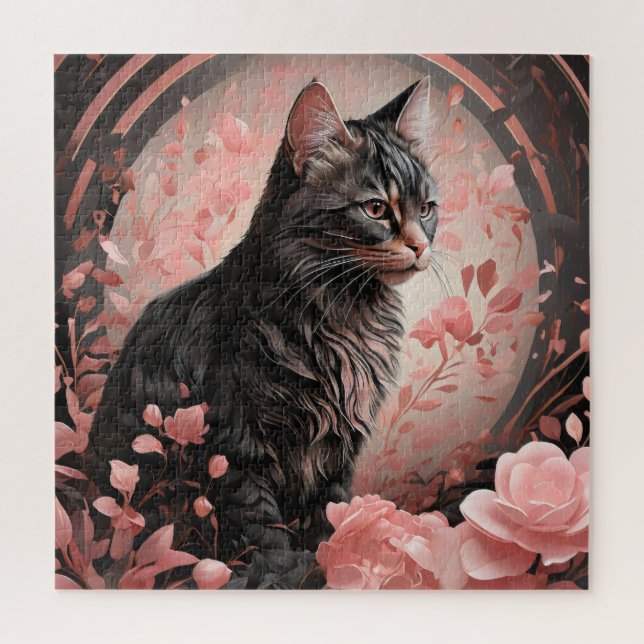 Quebra-cabeça Gato Preto Elegante Cercado por Flores Rosa (Vertical)