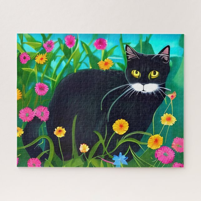 Quebra-cabeça Gato Preto em um Jardim de Flores Colorido (Horizontal)