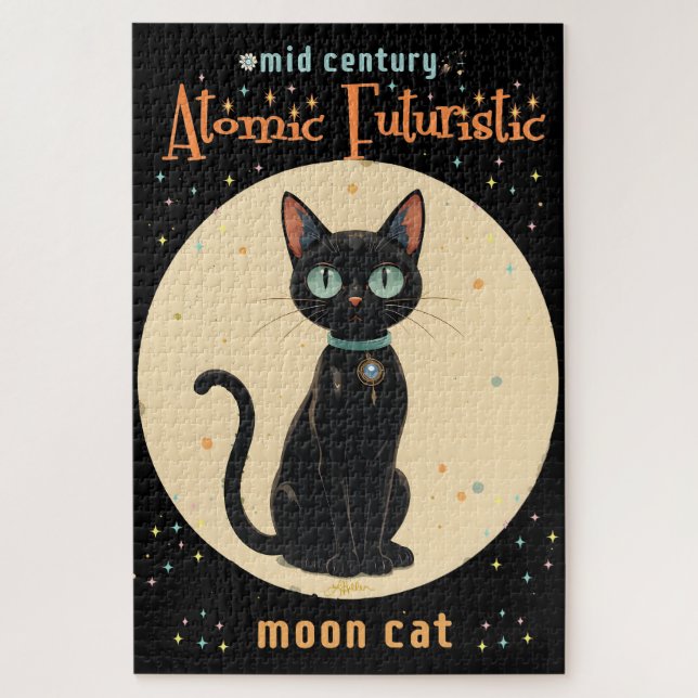 Quebra-cabeça Gato Preto Futurista Atômico da Lua com texto (Vertical)