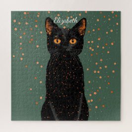 Quebra-cabeça Gato Preto Místico com Olhos Laranja e Brilho
