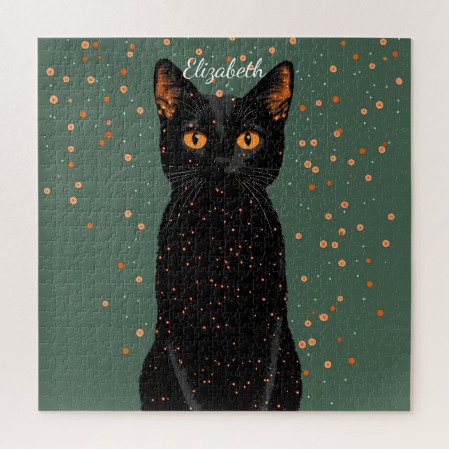 Quebra-cabeça Gato Preto Místico com Olhos Laranja e Brilho (Vertical)