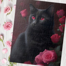 Gato preto místico e rosas florescentes