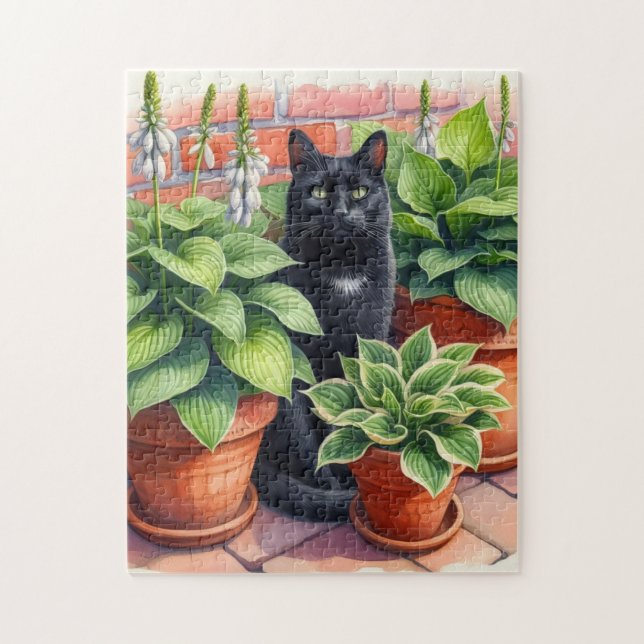 Quebra-cabeça Gato Preto Sentado no Jardim de Hosta (Vertical)